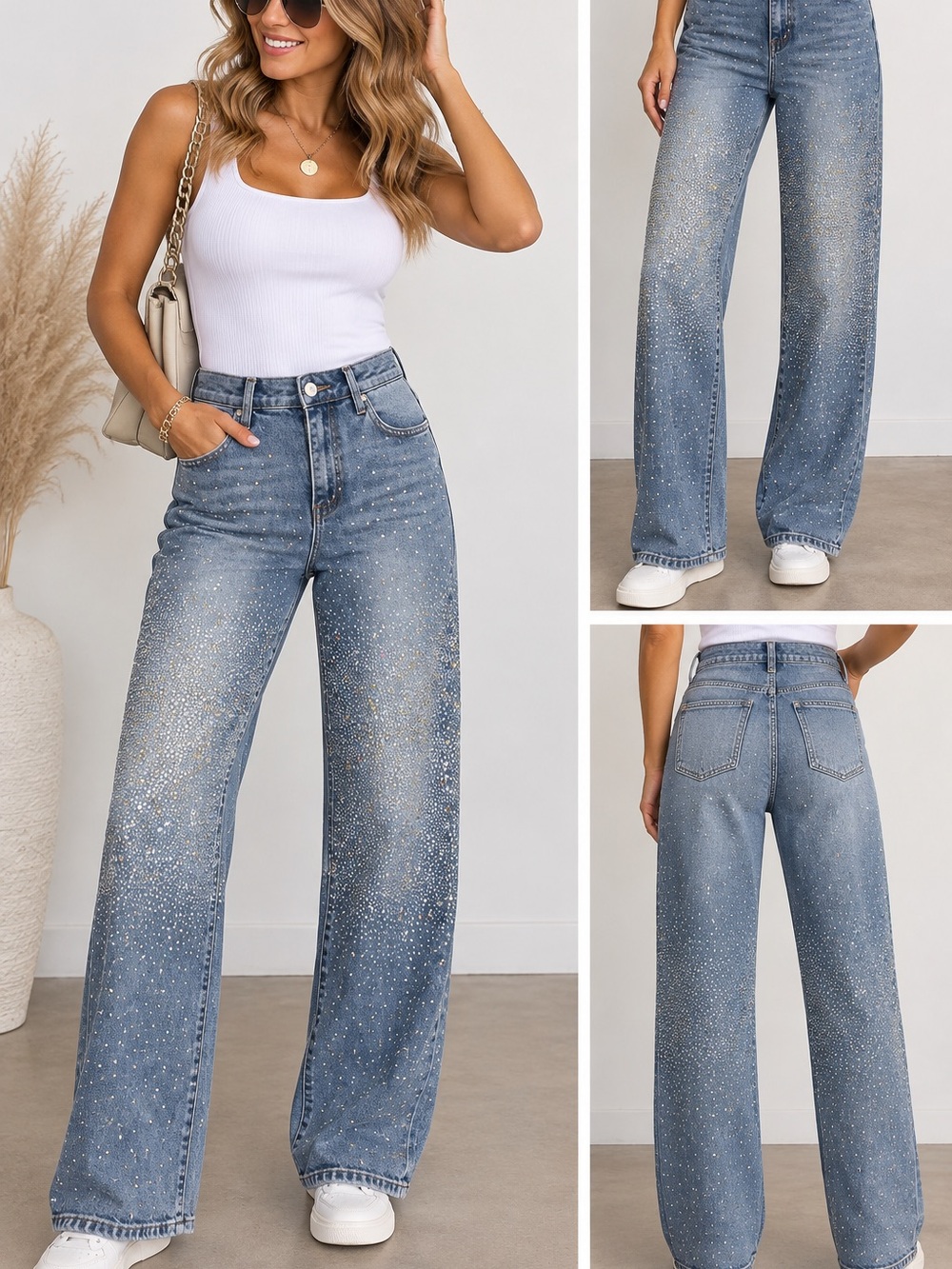 NWT Nina Rossi High-Rise Wide Leg Women's Jeans with Sparkle Detail $250